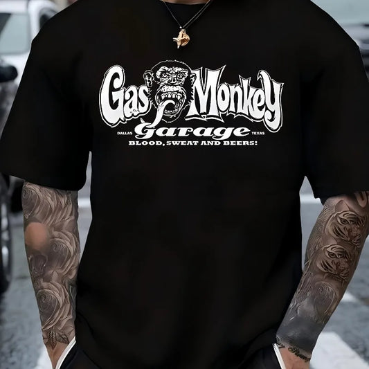 Men's Cotton Summer Loose Size Gas Monkey Creative Pattern Print Slim Fit Casual Sports Round Neck Short Sleeved T-shirt Tops