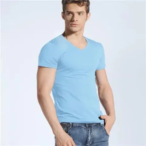 Men's V-neck Solid Color T-shirt Slim Fit Summer Inner White Base Layer Top Smooths Your Silhouette Short Sleeves