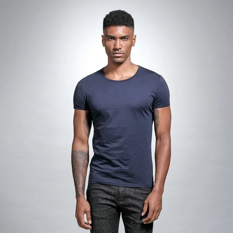 Men's V-neck Solid Color T-shirt Slim Fit Summer Inner White Base Layer Top Smooths Your Silhouette Short Sleeves