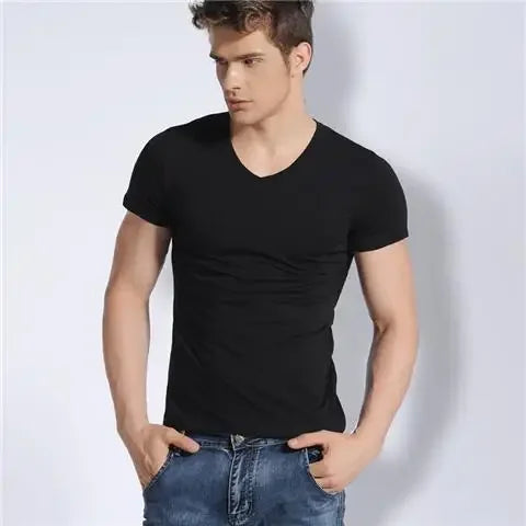 Men's V-neck Solid Color T-shirt Slim Fit Summer Inner White Base Layer Top Smooths Your Silhouette Short Sleeves
