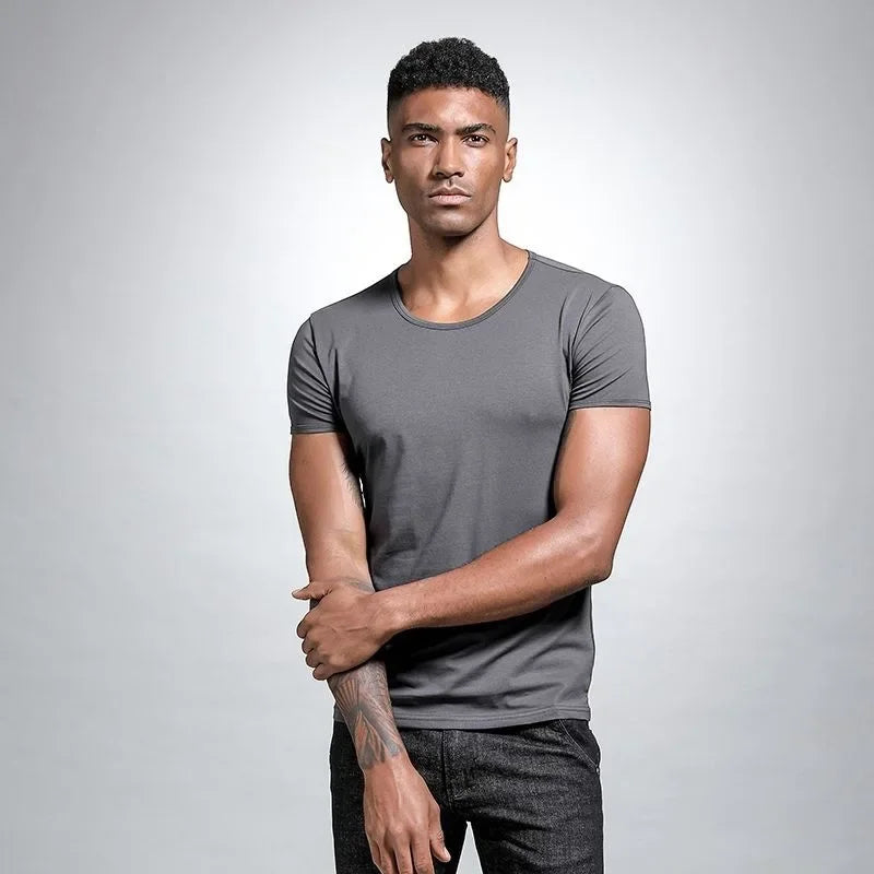 Men's V-neck Solid Color T-shirt Slim Fit Summer Inner White Base Layer Top Smooths Your Silhouette Short Sleeves