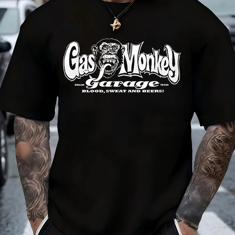 Men's Cotton Summer Loose Size Gas Monkey Creative Pattern Print Slim Fit Casual Sports Round Neck Short Sleeved T-shirt Tops