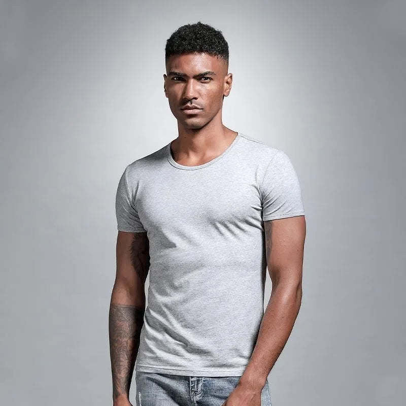 Men's V-neck Solid Color T-shirt Slim Fit Summer Inner White Base Layer Top Smooths Your Silhouette Short Sleeves
