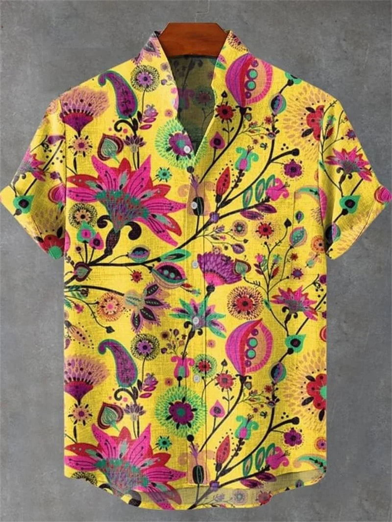 Retro collar men's short sleeved shirt with forest green series print 2025 new casual and comfortable top