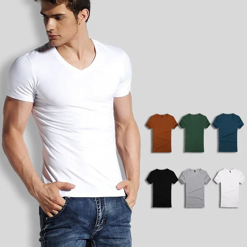 Men's V-neck Solid Color T-shirt Slim Fit Summer Inner White Base Layer Top Smooths Your Silhouette Short Sleeves