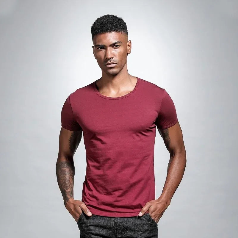 Men's V-neck Solid Color T-shirt Slim Fit Summer Inner White Base Layer Top Smooths Your Silhouette Short Sleeves