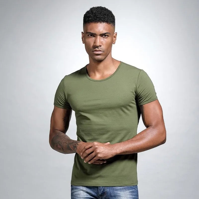 Men's V-neck Solid Color T-shirt Slim Fit Summer Inner White Base Layer Top Smooths Your Silhouette Short Sleeves