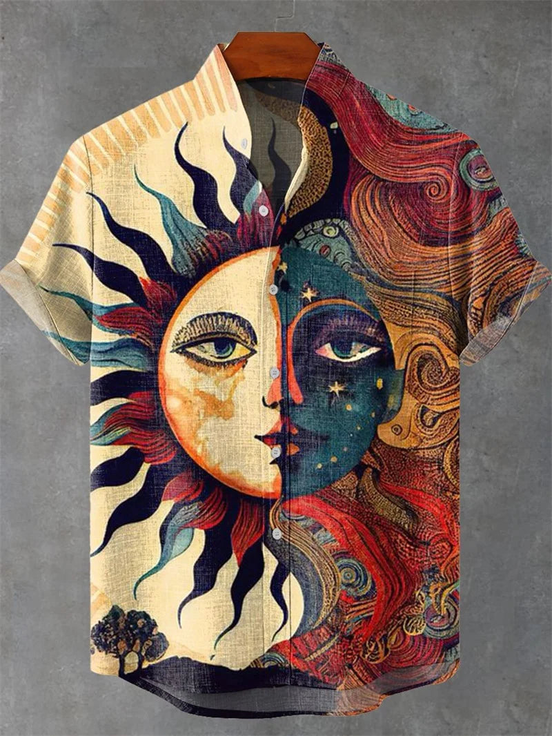 Retro collar men's short sleeved shirt with forest green series print 2025 new casual and comfortable top