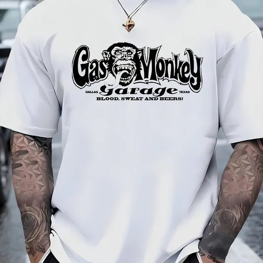 Men's Cotton Summer Loose Size Gas Monkey Creative Pattern Print Slim Fit Casual Sports Round Neck Short Sleeved T-shirt Tops
