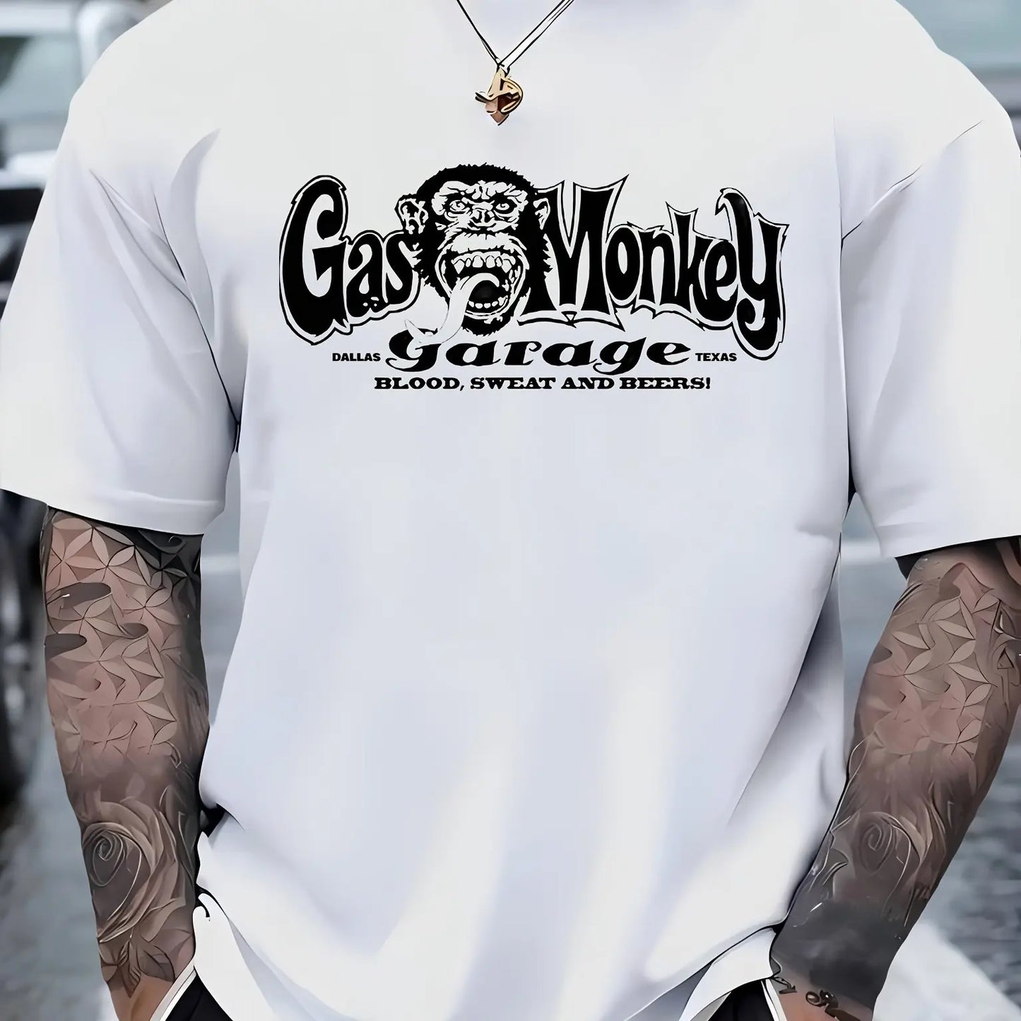 Men's Cotton Summer Loose Size Gas Monkey Creative Pattern Print Slim Fit Casual Sports Round Neck Short Sleeved T-shirt Tops