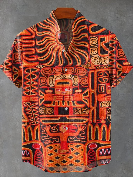 Retro collar men's short sleeved shirt with forest green series print 2025 new casual and comfortable top