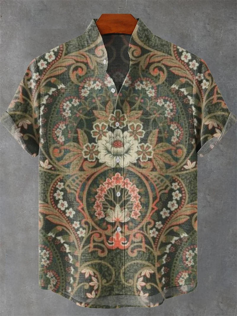 Retro collar men's short sleeved shirt with forest green series print 2025 new casual and comfortable top