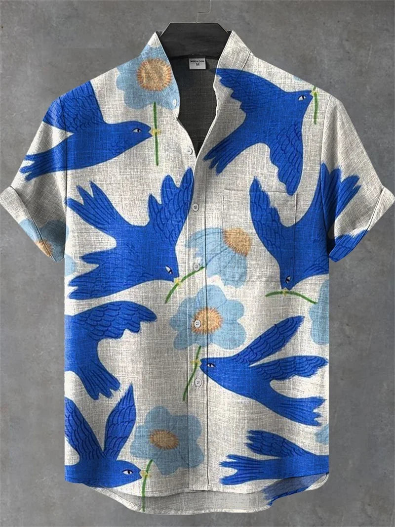 Retro collar men's short sleeved shirt with forest green series print 2025 new casual and comfortable top