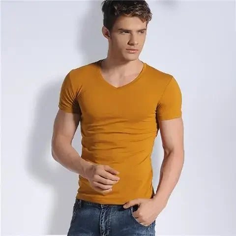 Men's V-neck Solid Color T-shirt Slim Fit Summer Inner White Base Layer Top Smooths Your Silhouette Short Sleeves