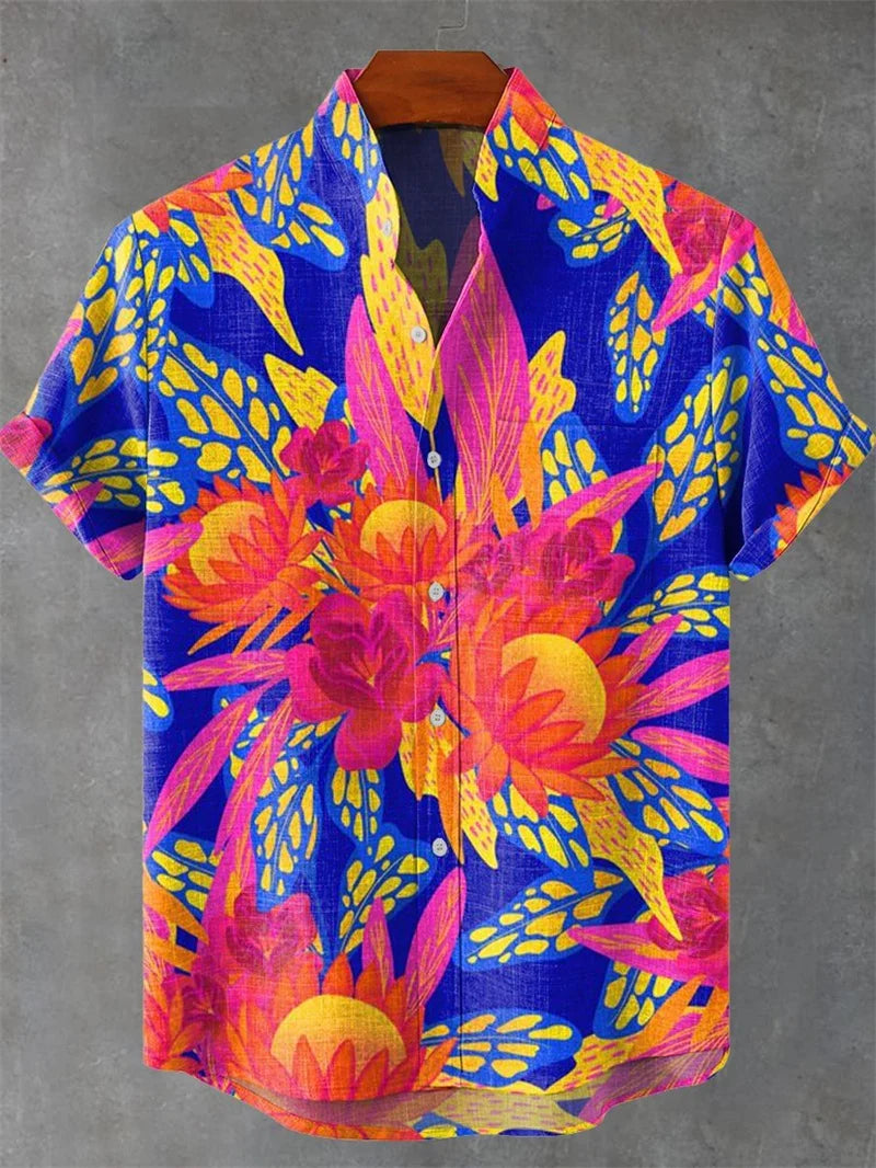 Retro collar men's short sleeved shirt with forest green series print 2025 new casual and comfortable top