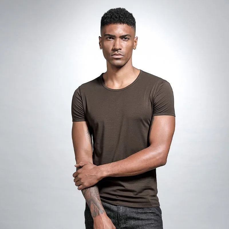 Men's V-neck Solid Color T-shirt Slim Fit Summer Inner White Base Layer Top Smooths Your Silhouette Short Sleeves