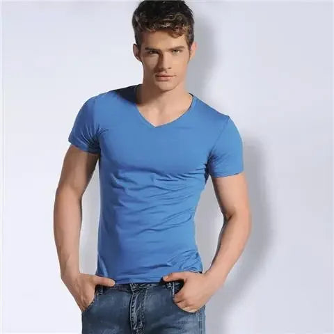 Men's V-neck Solid Color T-shirt Slim Fit Summer Inner White Base Layer Top Smooths Your Silhouette Short Sleeves