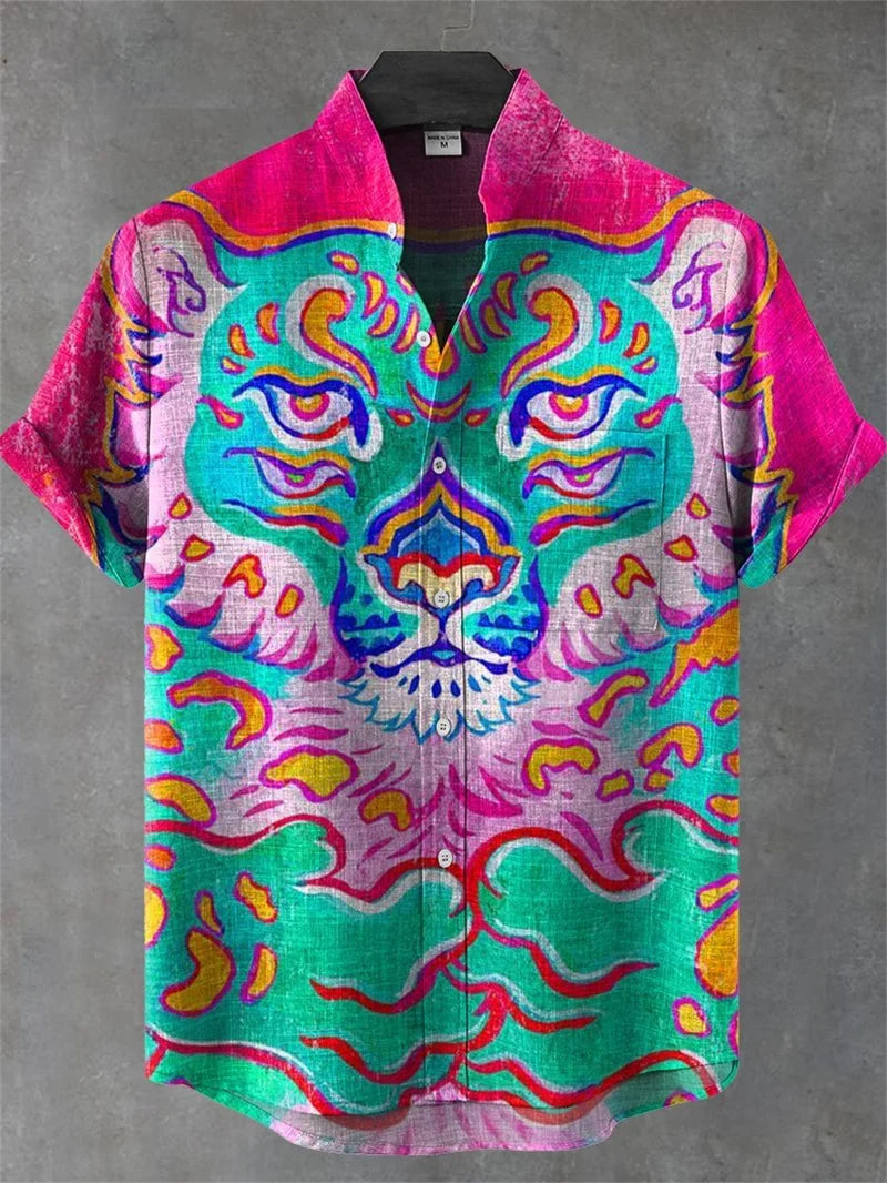 Retro collar men's short sleeved shirt with forest green series print 2025 new casual and comfortable top