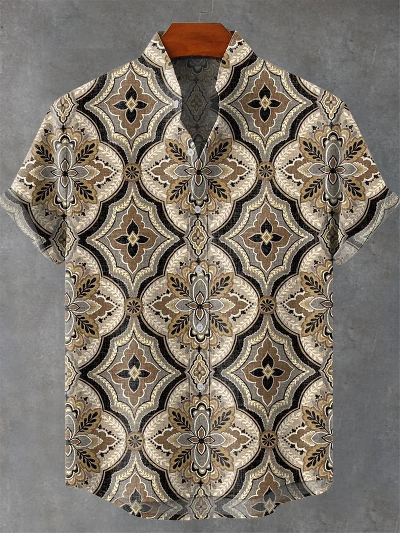 Retro collar men's short sleeved shirt with forest green series print 2025 new casual and comfortable top